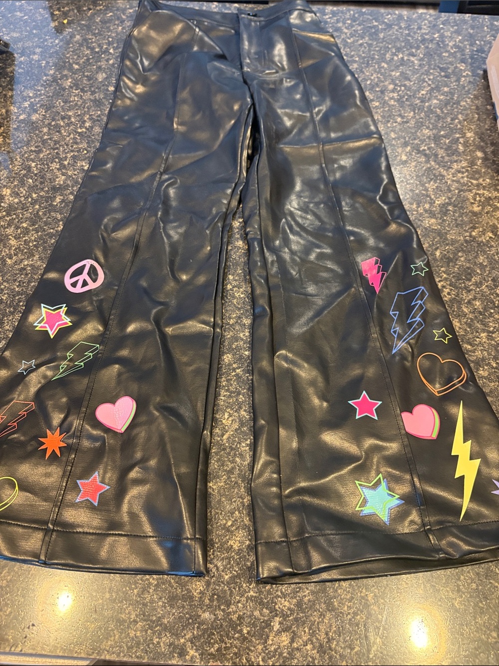 Kids Black Faux Leather Flared Pants with Colorful Patch Graphics